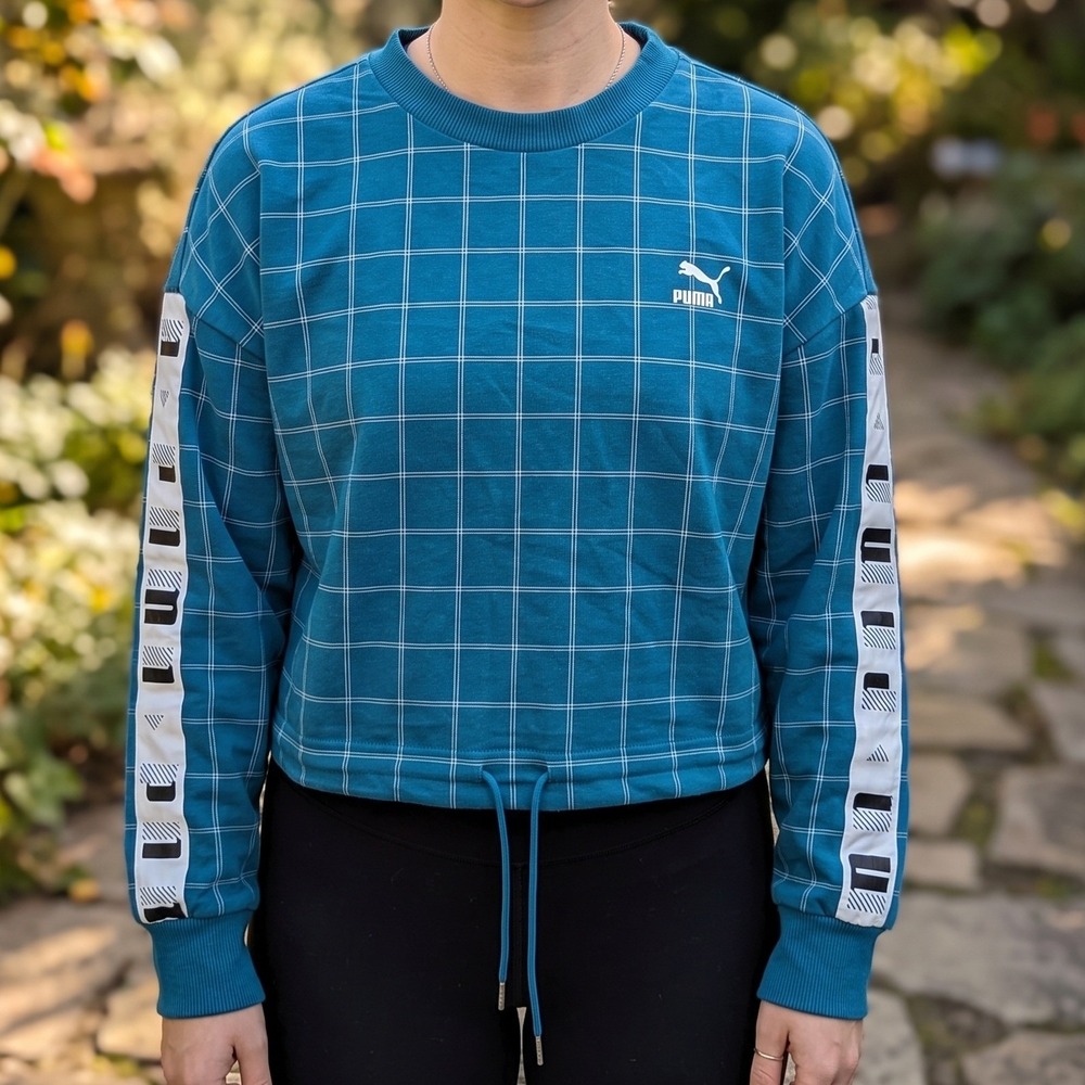Puma Teal Blue‎ Grid Cropped Sweatshirt Logo Tape Drawstring Hem XXL